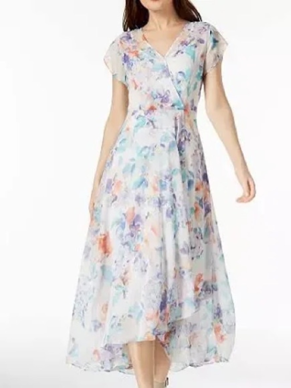Calvin Klein Florals chiffon Wrap Dress - White with Blue & Coral Accents. Size